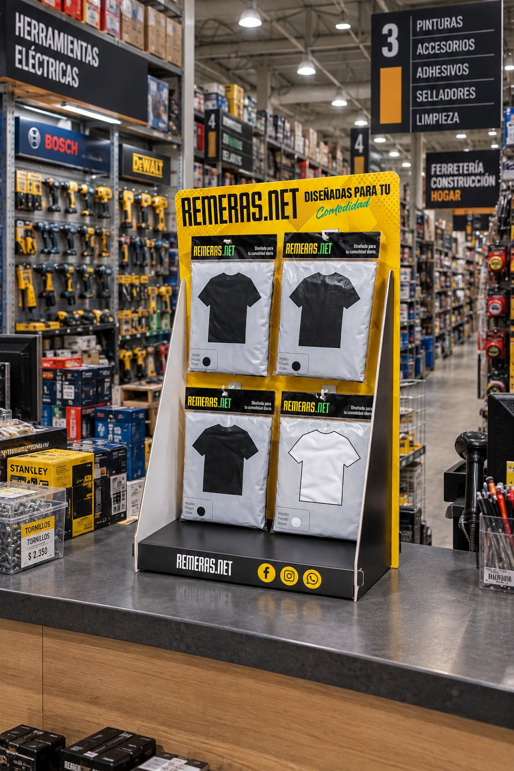 Exhibidor de Remeras.net instalado en un comercio